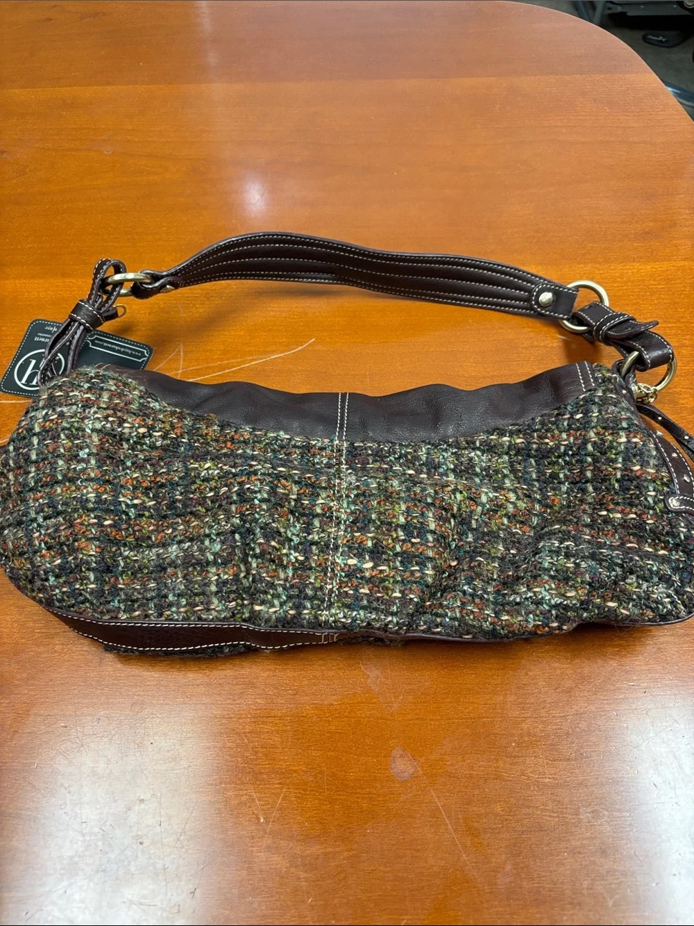Woven Tweed and Leather Shoulder Bag in Dark Brown